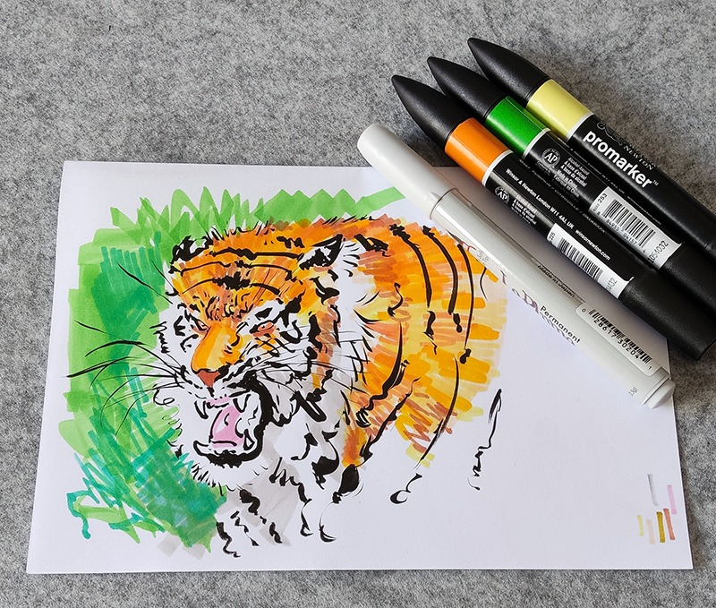 Desenho de um tigre com caneta marcador