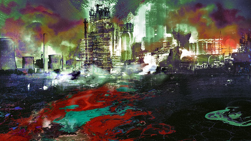 Concept art de uma cidade cyberpunk poluída.