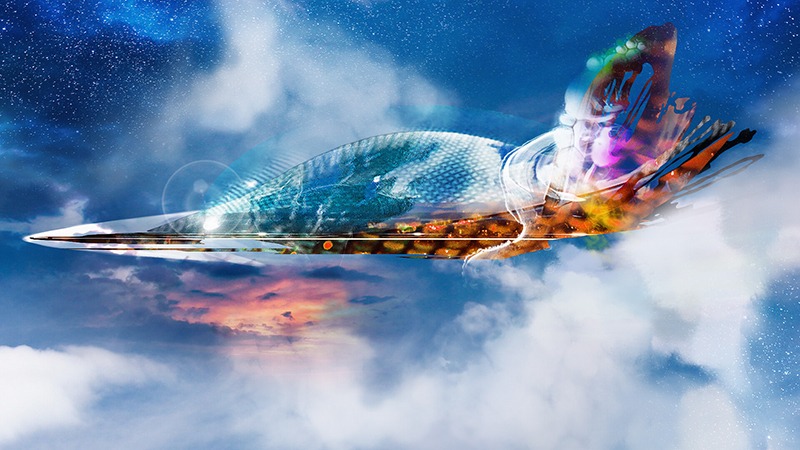 Design, concept art de uma nave alienigéna em um céu azul com nuvens, ufo, oniv, uap