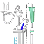 Ilustrações de equipamentos hospitalares, peças, bureta e tubos, empresa lifemed